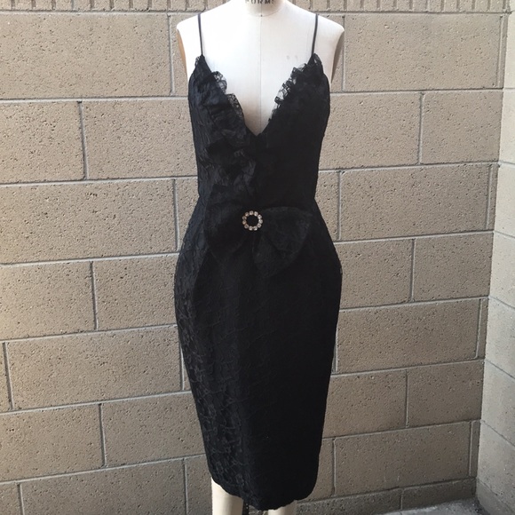 VINTAGE 80’s Women’s S Black Lace Plunging Evening Dress with Bow - Picture 1 of 15